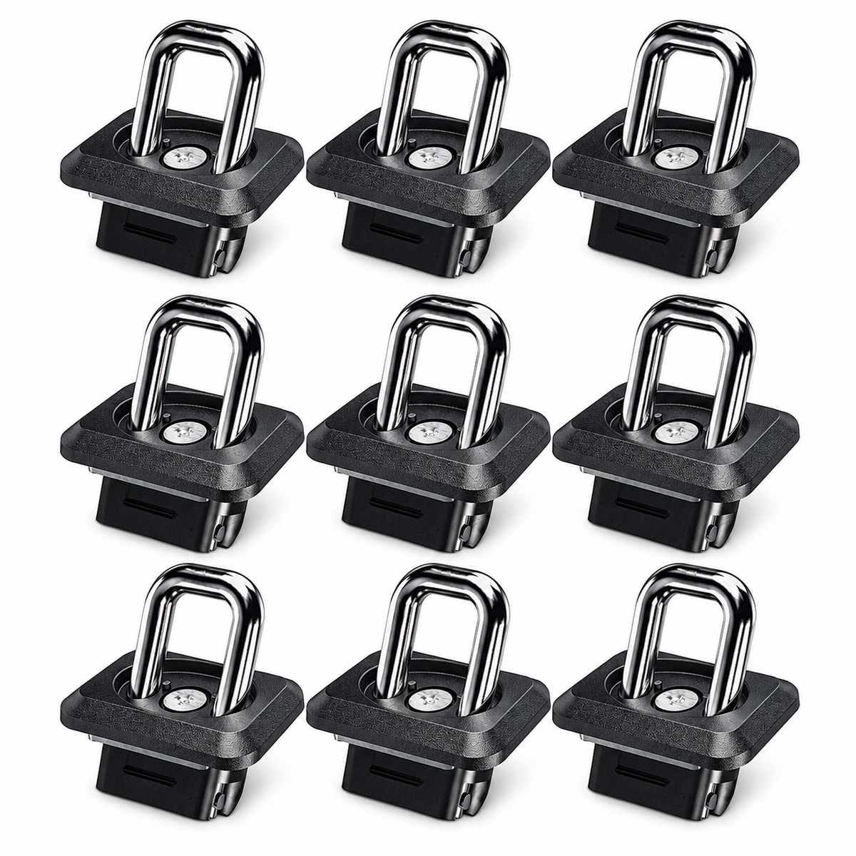 Nine Bullring angle tie-down anchors arranged in a 3x3 grid on a plain white background.